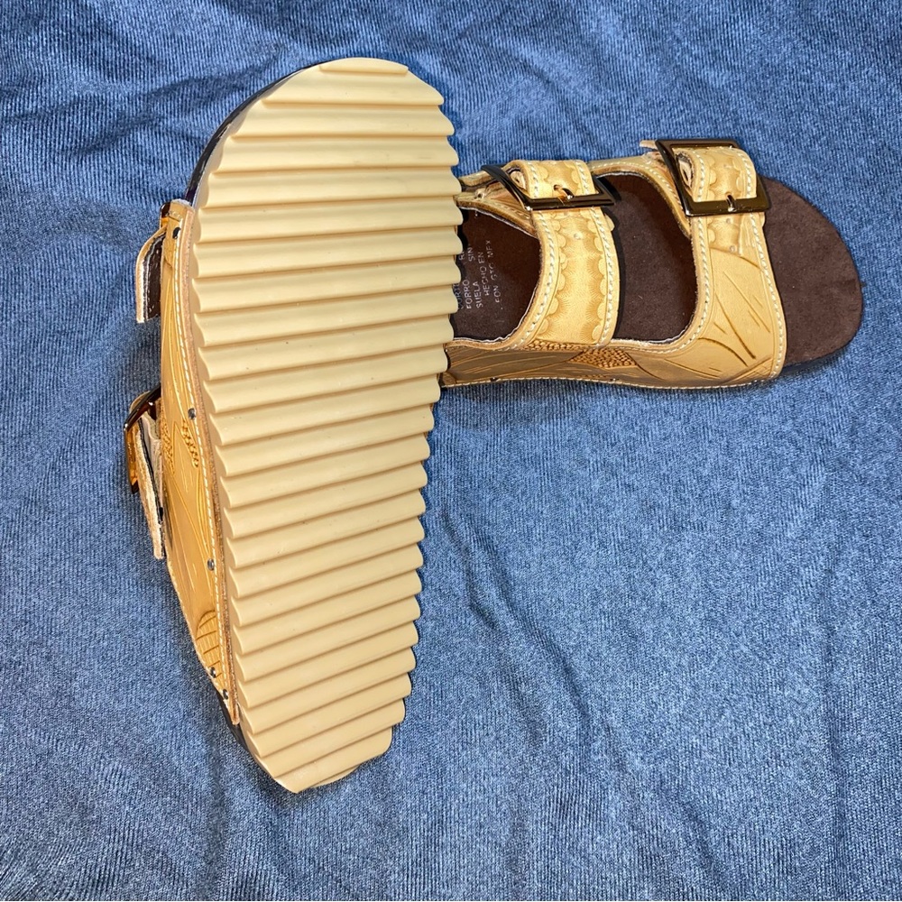 Brand New w/o box size 6 hand tooled genuine leather sandals with gold buckles. - Picture 4 of 7